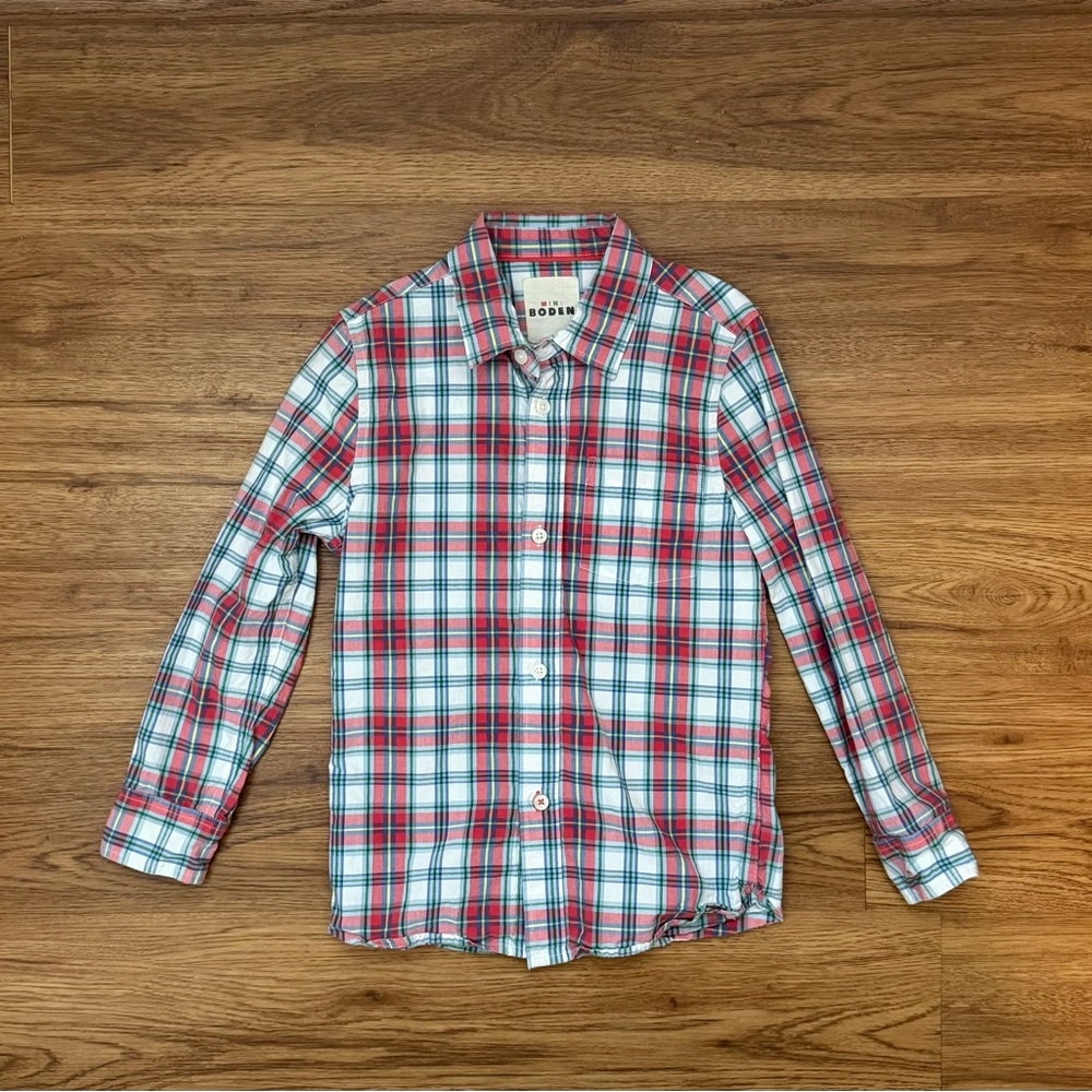 Mini Boden Boys Plaid Button Down Shirt in Red and Green for Christmas, Size 7-8